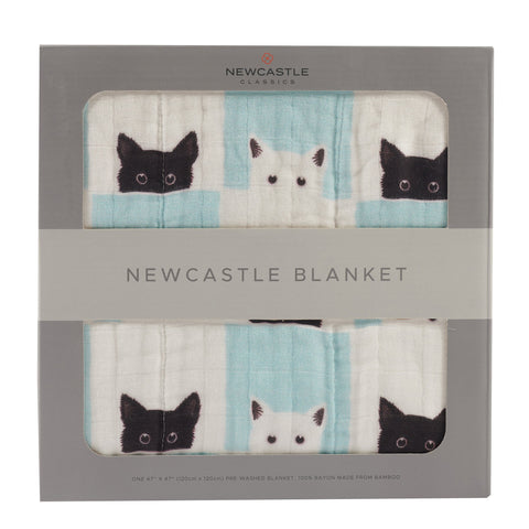 Peek-A-Boo Cats and White Bamboo Muslin Newcastle Blanket
