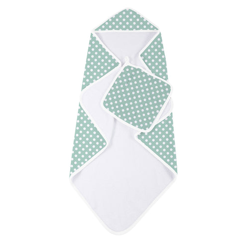 Jade Polka Dot Cotton Hooded Towel and Washcloth Set