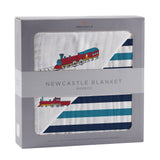Vintage Steam Trains and Blue Stripe Bamboo Muslin Newcastle Blanket